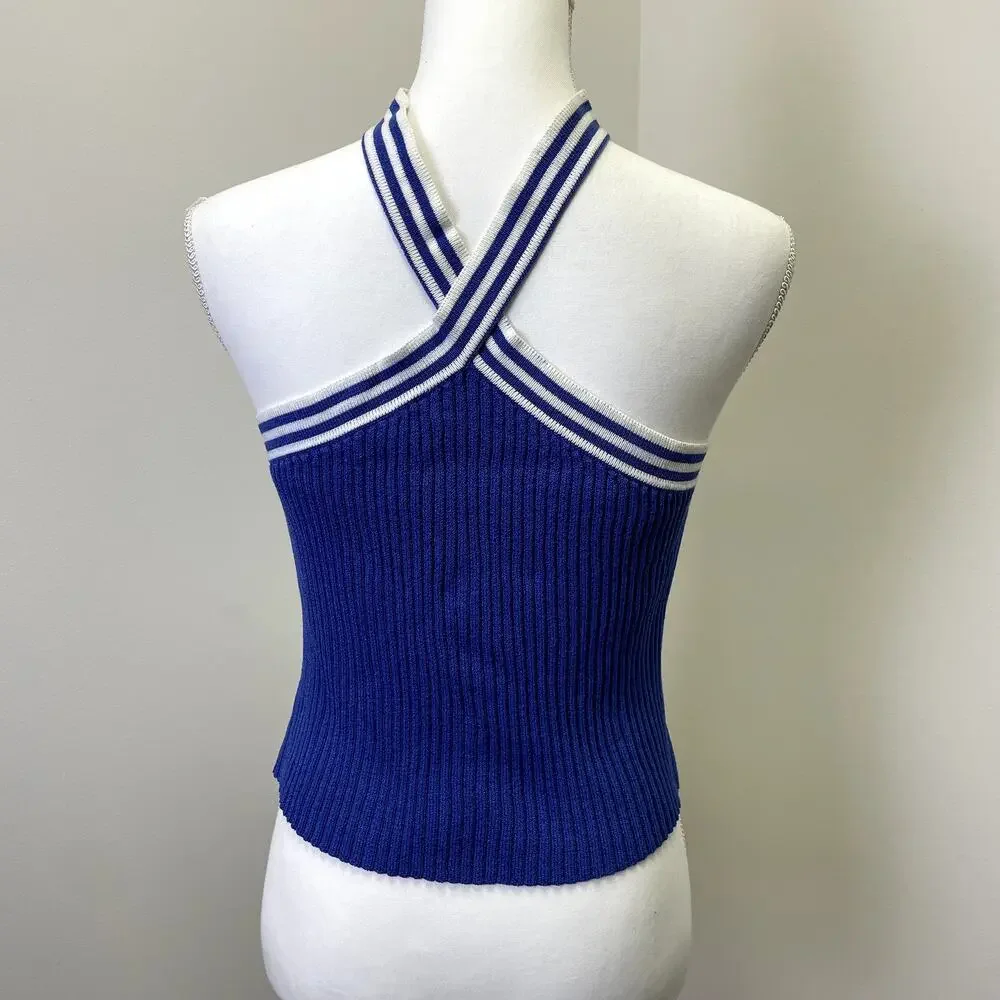 St John Sport by Marie Gray Blue Ribbed Knit Halter Tank Top S Striped - Picture 5 of 16